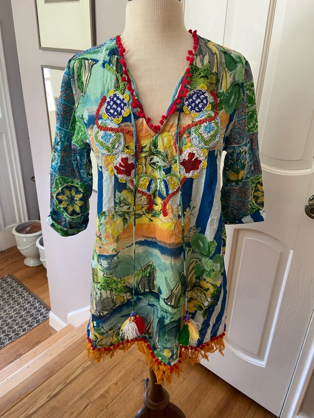 Multicolor Italian Embroidered V‑Neck Women's Swim Coverup Tunic